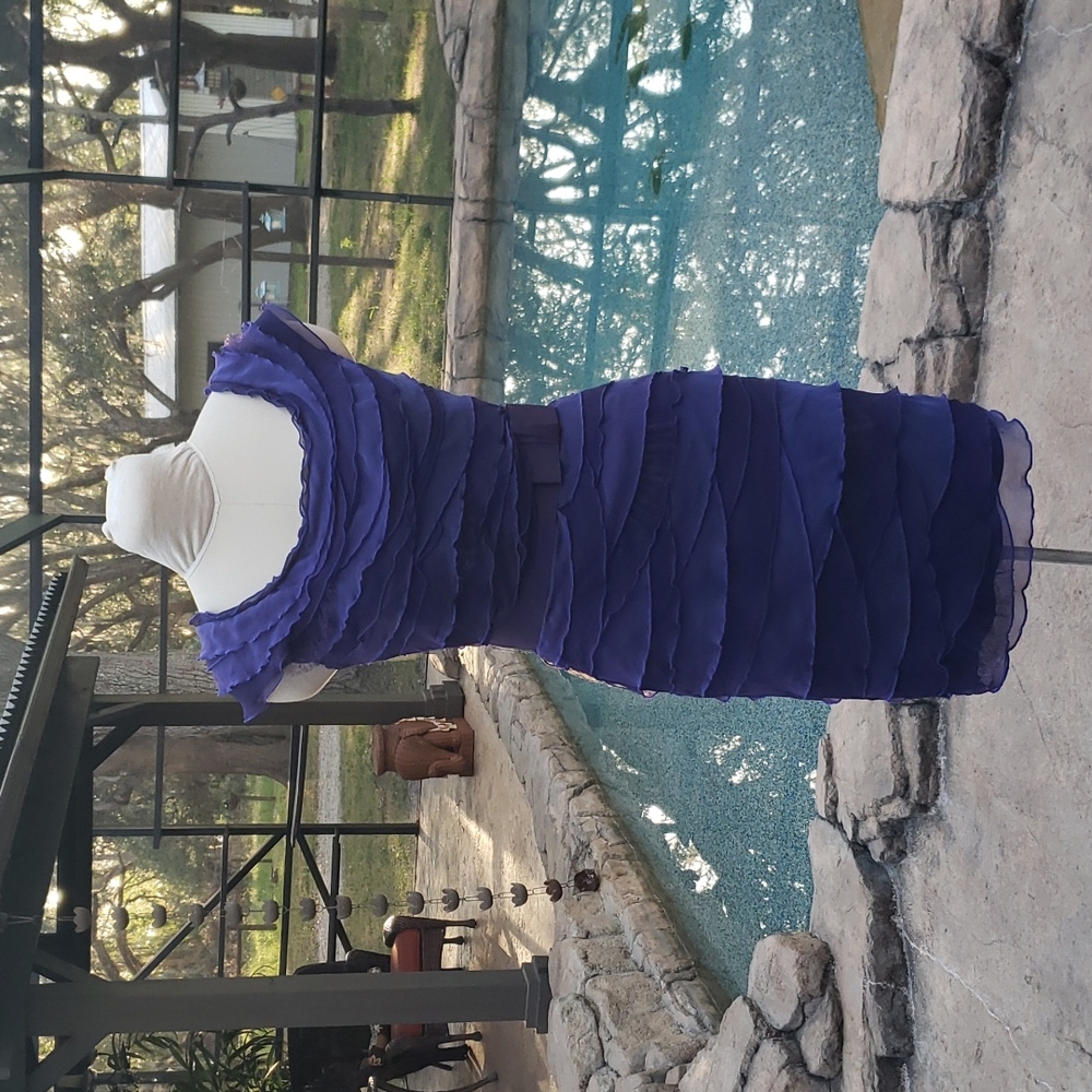 Layered rich purple Tadashi Showing evening dress